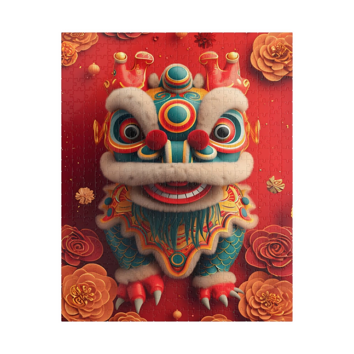 Festive Chinese Lion Dance Head on a Lucky Red Background Poster - Image 6