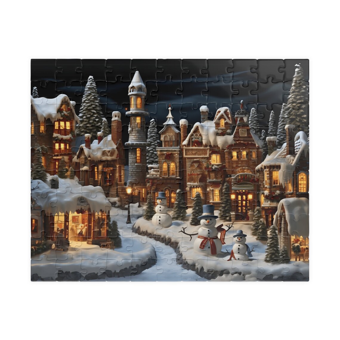 Snowy Christmas Village Night Snowmen Winter Wonderland Poster - Image 5