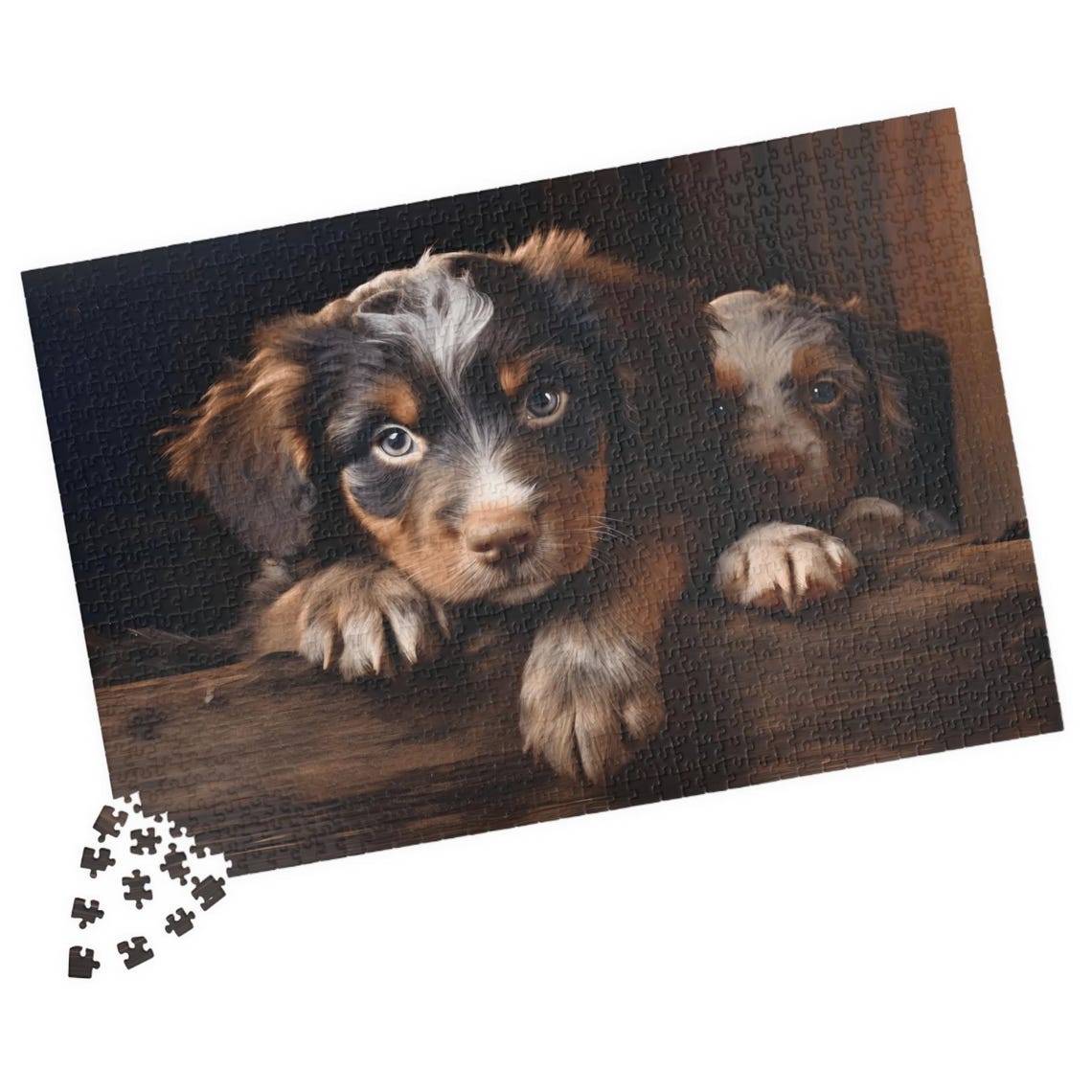 Two Cute Puppies Peeking Over a Rustic Wooden Edge Art Poster - Image 5