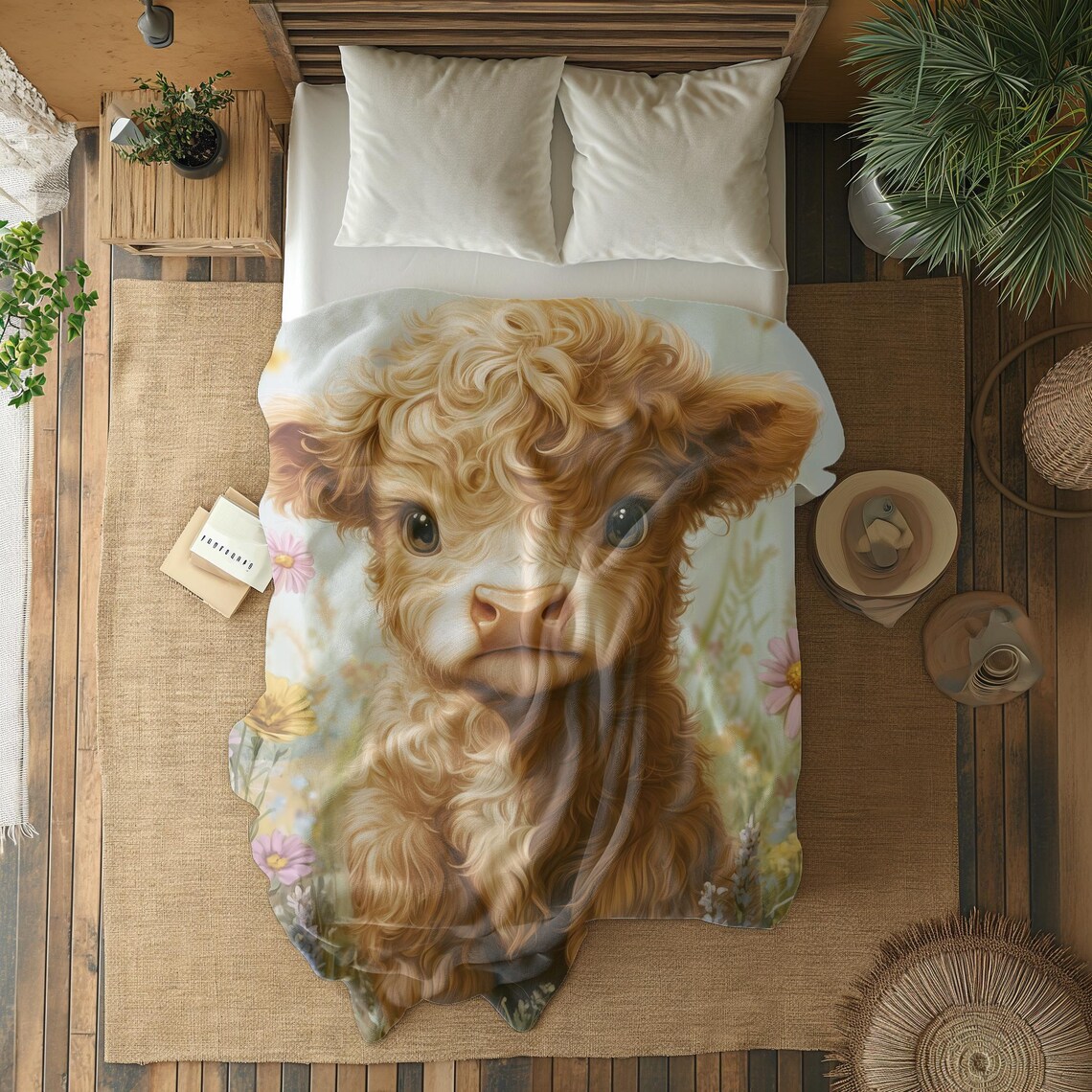 Baby Highland Cow In Flowers, Soft Light Landscape Art Print - Image 2