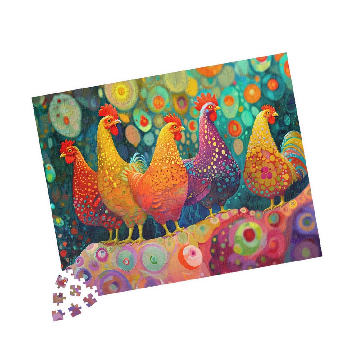 Five Whimsical Multicolored Chickens Bold Pop Art Scene Poster - Image 4