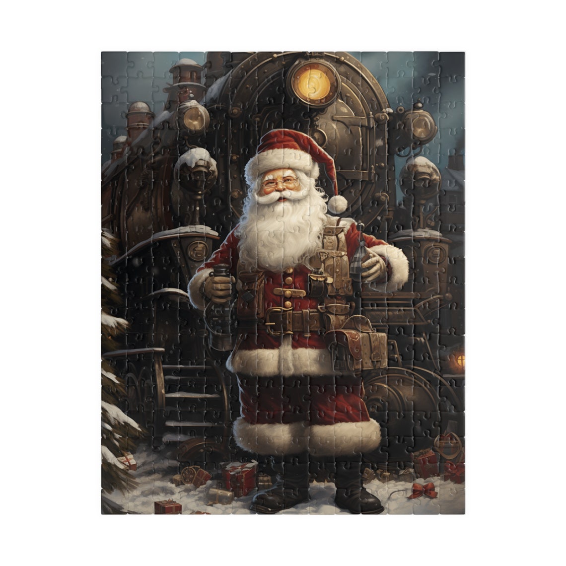 Steampunk Santa Claus Standing Before Vintage Train Art Poster - Image 2