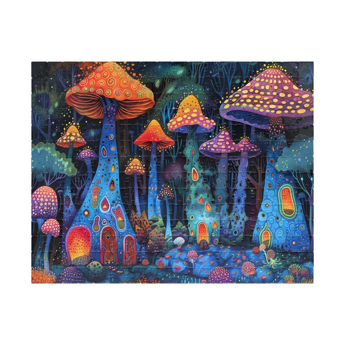Enchanted Neon Glowing Mushroom Fairy Houses Night Forest Poster - Image 2