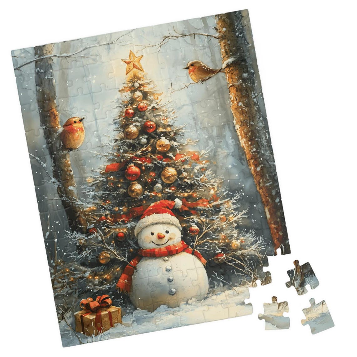 Smiling Snowman By A Decorated Christmas Tree In Forest Poster