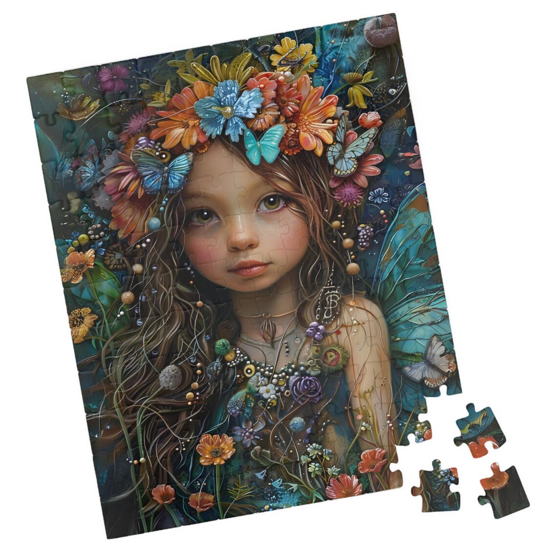 Flower Fairy Portrait with Butterfly Crown and Fairy Wings Art Poster
