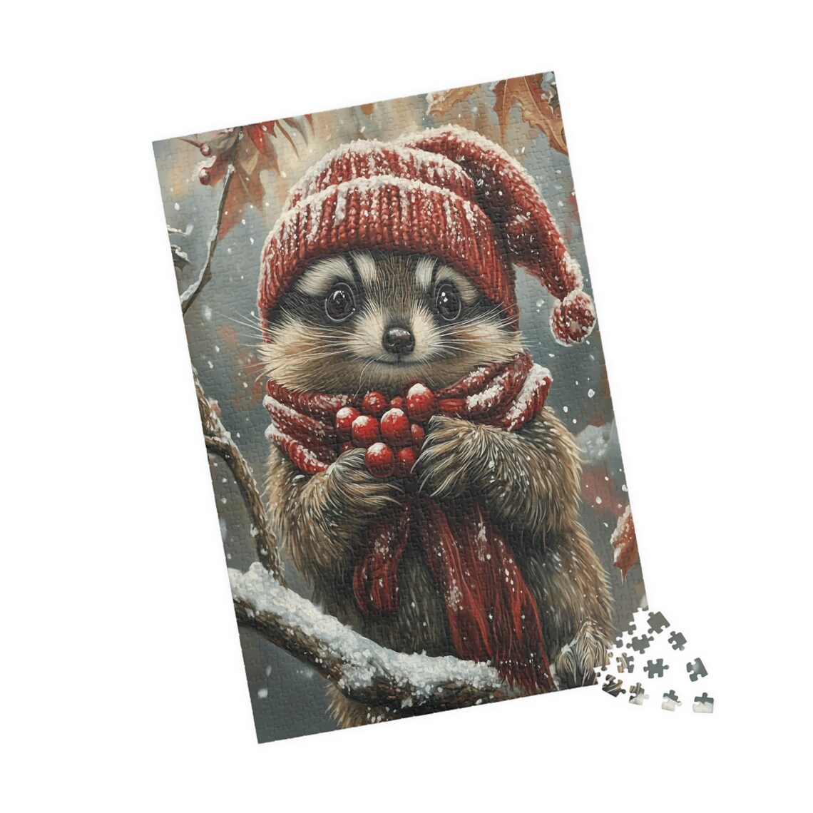 Baby Raccoon in a Red Knit Hat Holding Berries in the Snow Print - Image 4