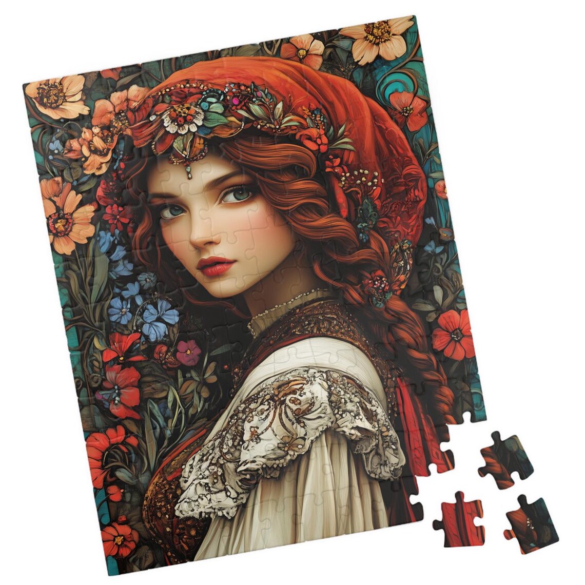 Beautiful Red Haired Gypsy Woman Floral Art Nouveau Style Poster