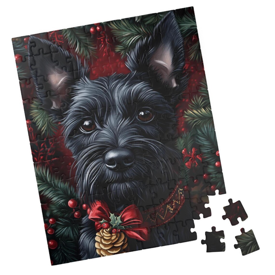 Black Scottish Terrier with a Red Holiday Bow in Pine Branches Print