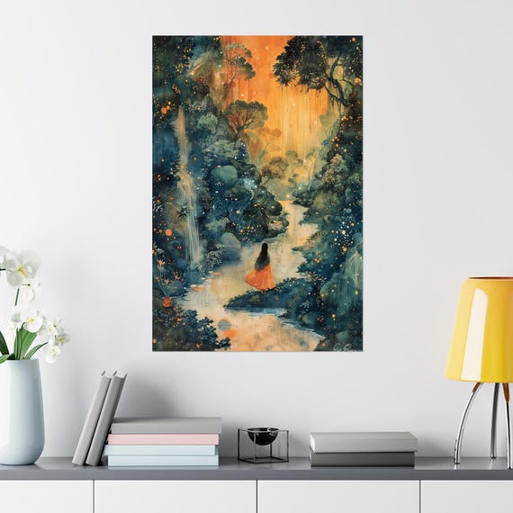Enchanted Japanese Waterfall Landscape Art Print Watercolor Wall Art Decor For Bedroom Office Living Laundry Room Or Nursery
