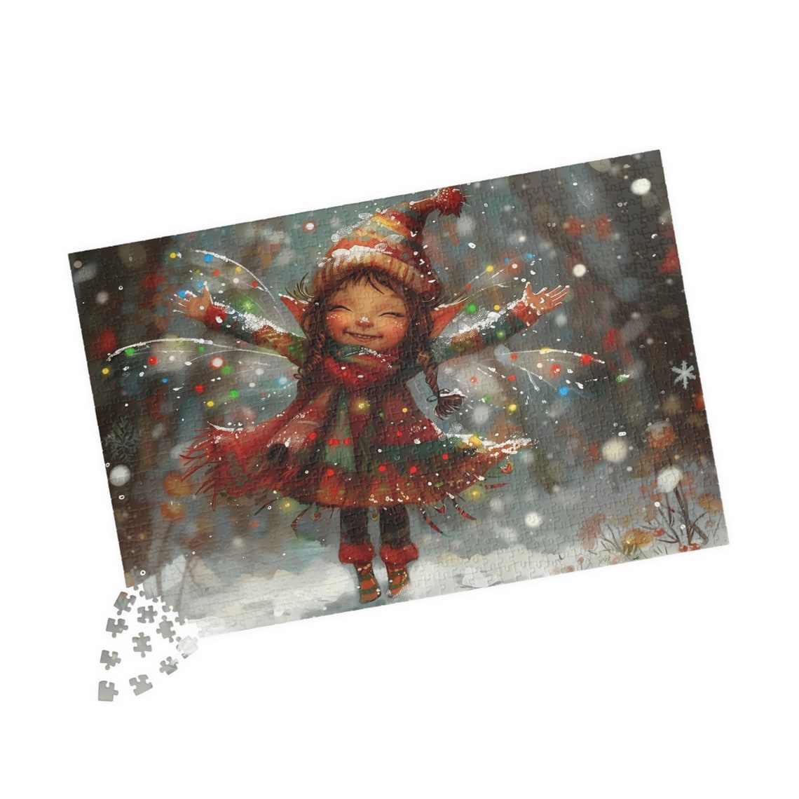 Joyful Elf Girl Dancing In Falling Snow Holiday Jigsaw Puzzle Print - Image 4
