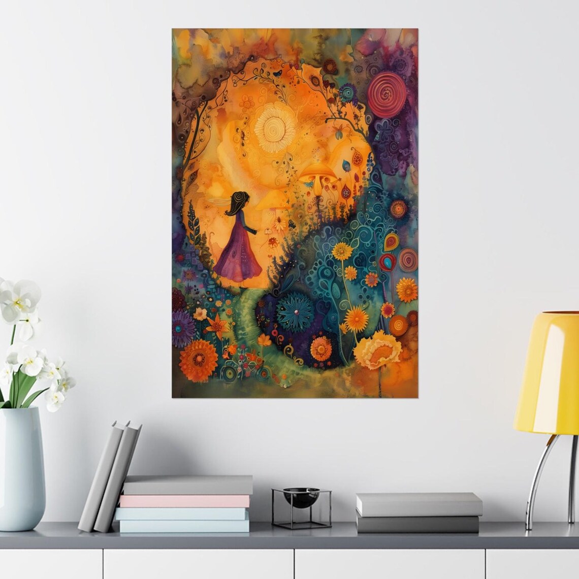 Little Girl in a Purple Dress in a Magical Flower Garden Poster