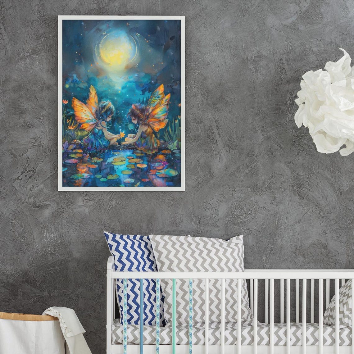 Two Little Fairies Sharing a Moment at a Moonlit Lily Pond Poster - Image 3