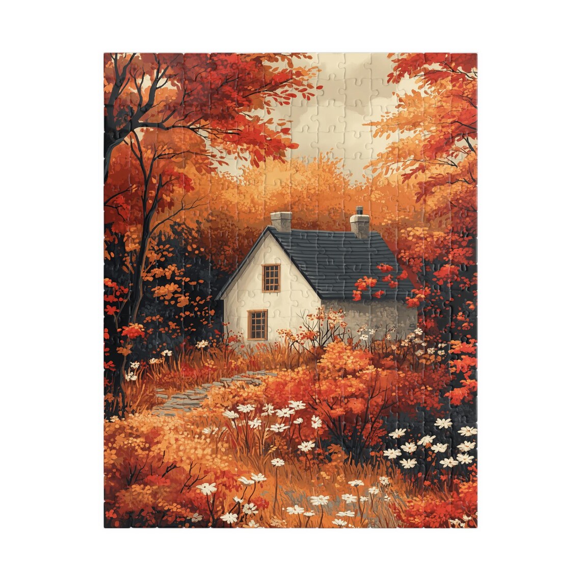 Cozy Cottage In A Fiery Autumn Forest With Wildflowers Art Print - Image 5