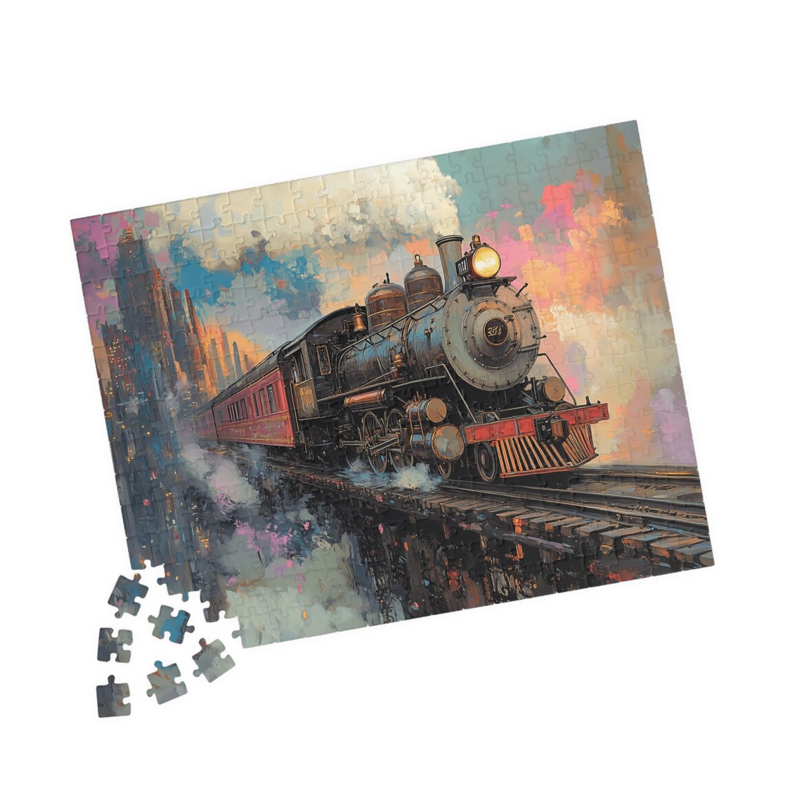 Steam Locomotive 361 Steaming Out Of A Colorful City Art Poster - Image 2