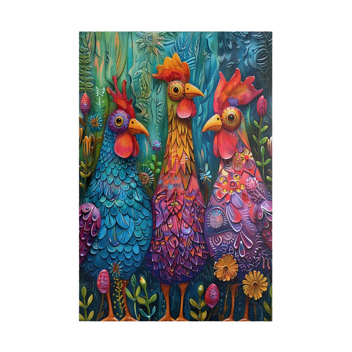 Three Silly Colorful Roosters Folk Art Garden Scene Wall Poster - Image 3