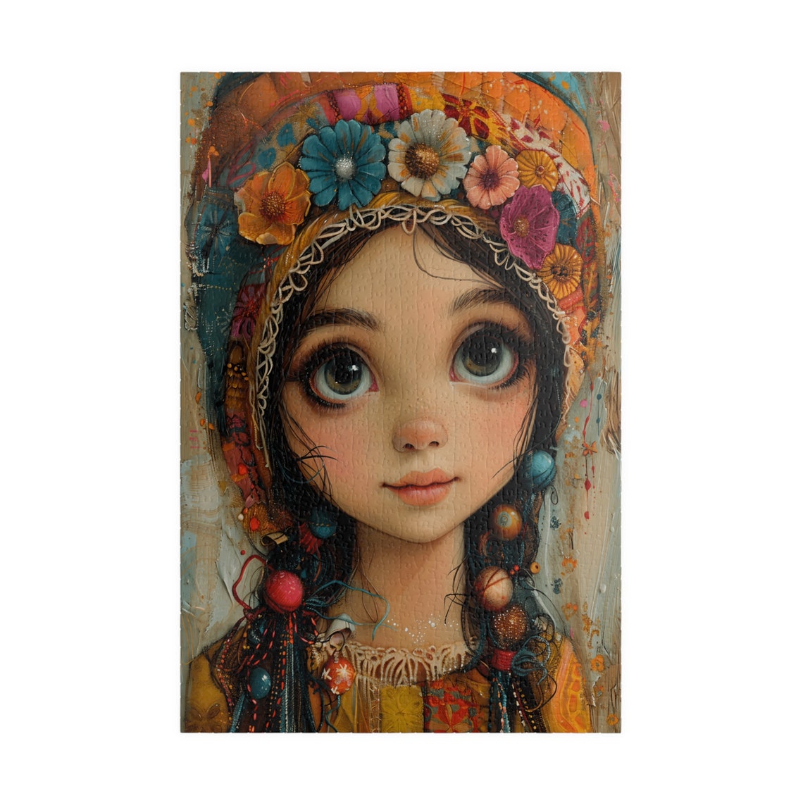Peasant Girl Portrait With Flower Hat Big Green Eyes Boho Art Poster - Image 3