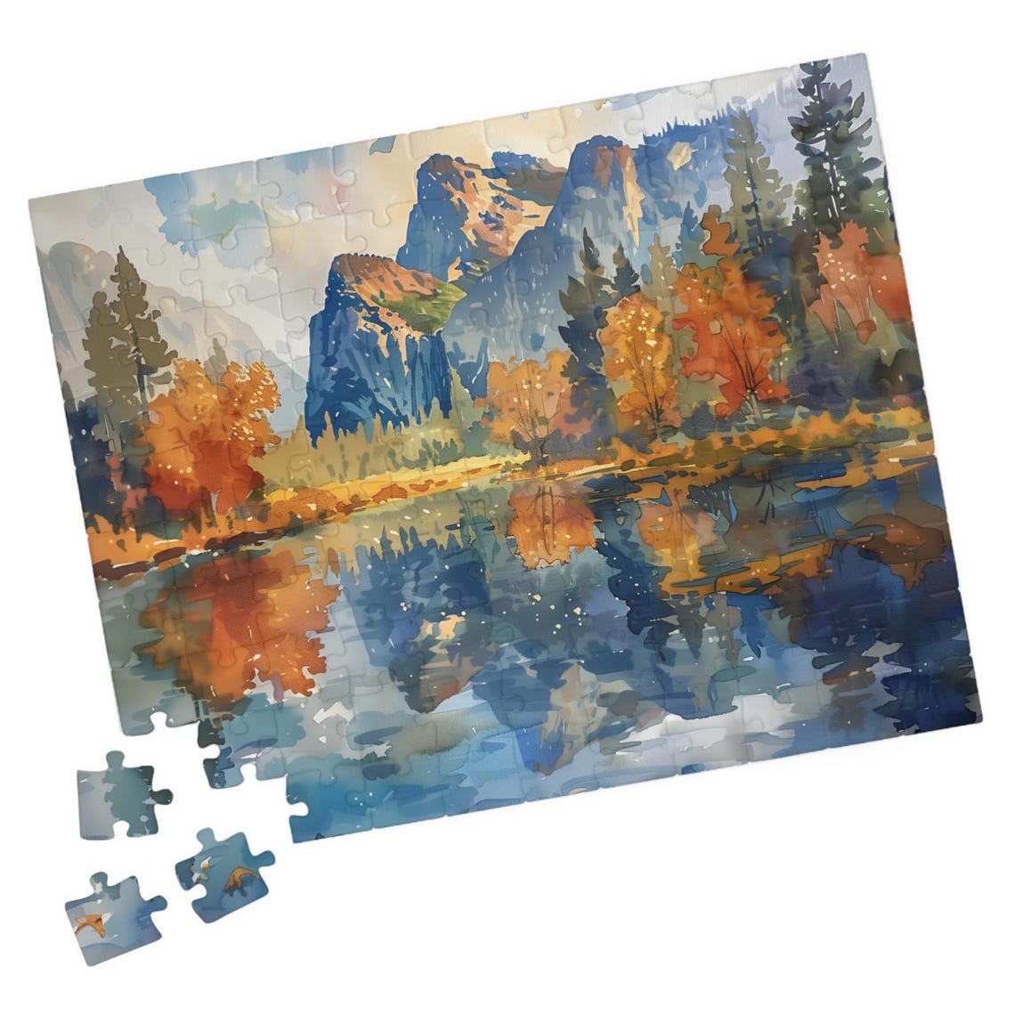 Autumn Mountain Lake Watercolor with Granite Cliffs Reflection Poster