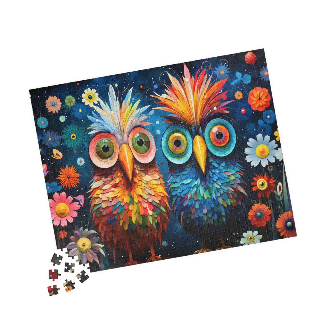 Two Whimsical Colorful Owls in a Night Flower Garden Scene Poster - Image 4