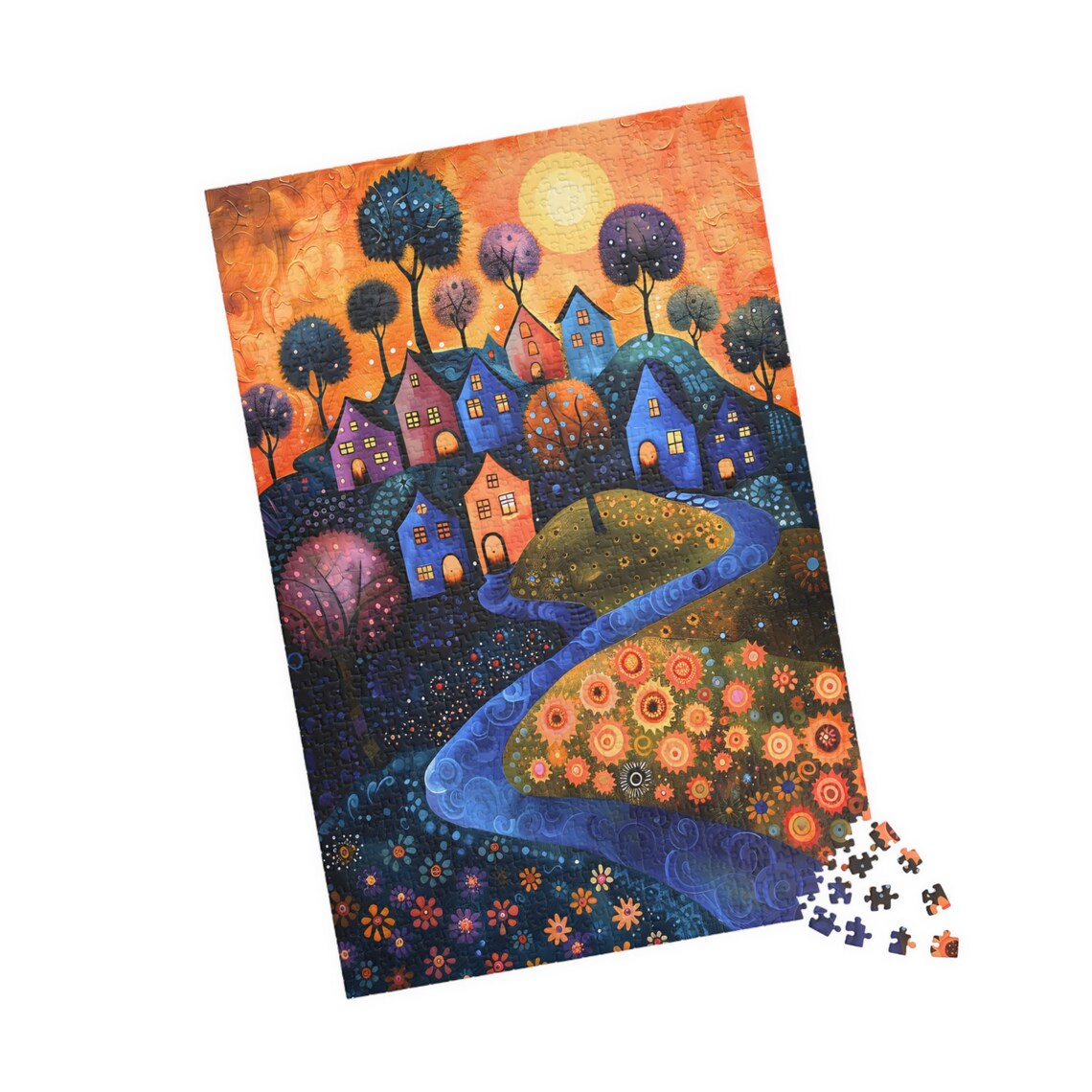 Whimsical Folk Art Village at Sunset with River and Flowers Poster - Image 4