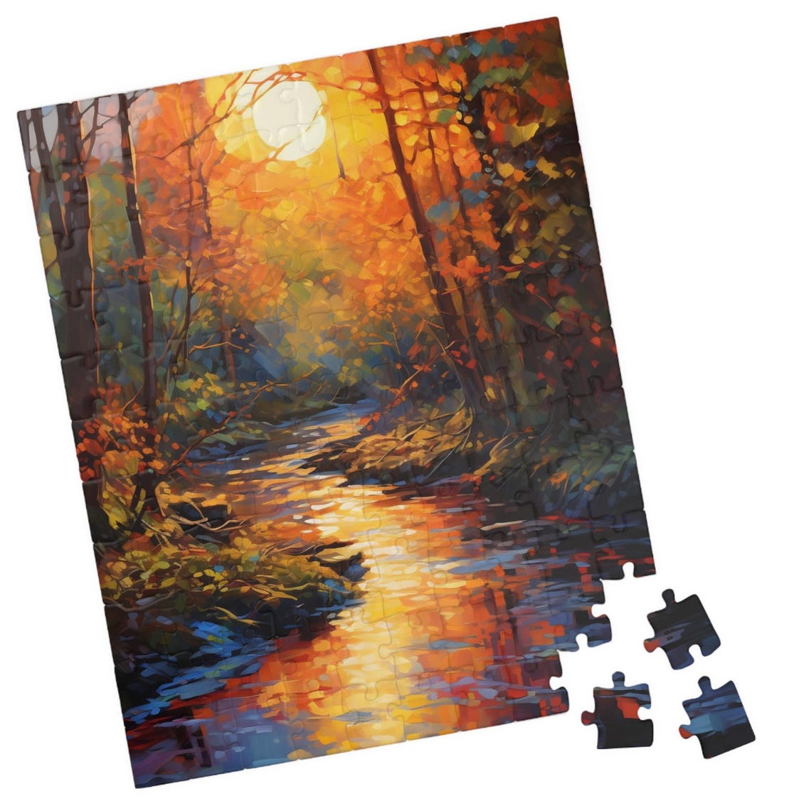 Golden Autumn Forest Stream At Sunset Impressionist Art Poster