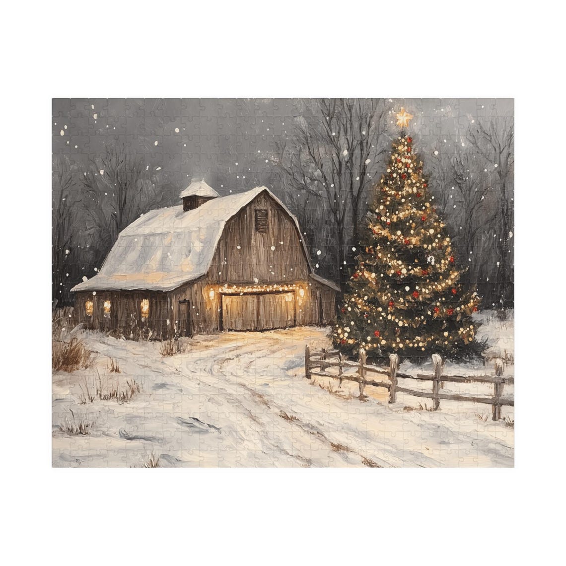 Snow Covered Barn Beside A Glowing Christmas Tree Winter Night Print - Image 2
