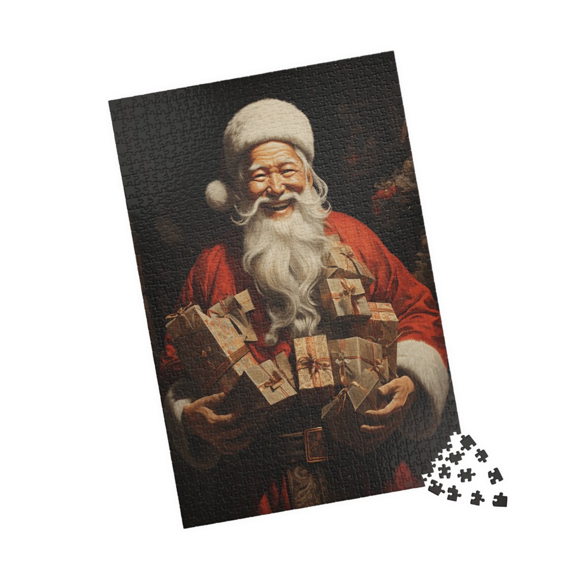 Asian Santa Claus Smiling with Wrapped Gifts Festive Art Poster - Image 4