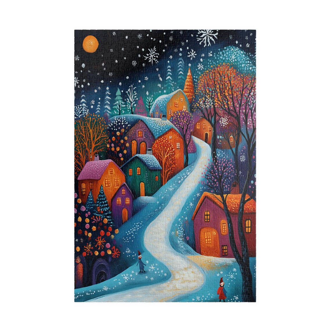 Colorful Snowy Village at Night with Glowing Windows Art Print - Image 3