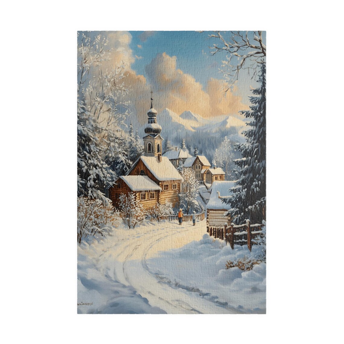 Winter Village With Wooden Church and Snowy Mountain Morning Art Poster - Image 3