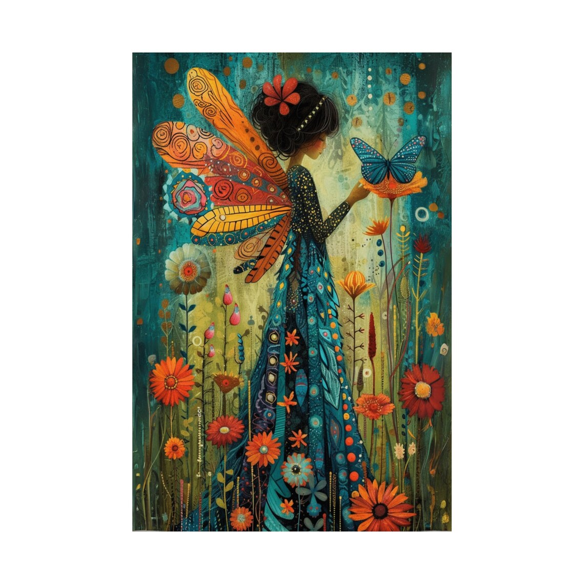 Butterfly Fairy Standing In Wildflower Meadow Teal Dress Art Poster - Image 3