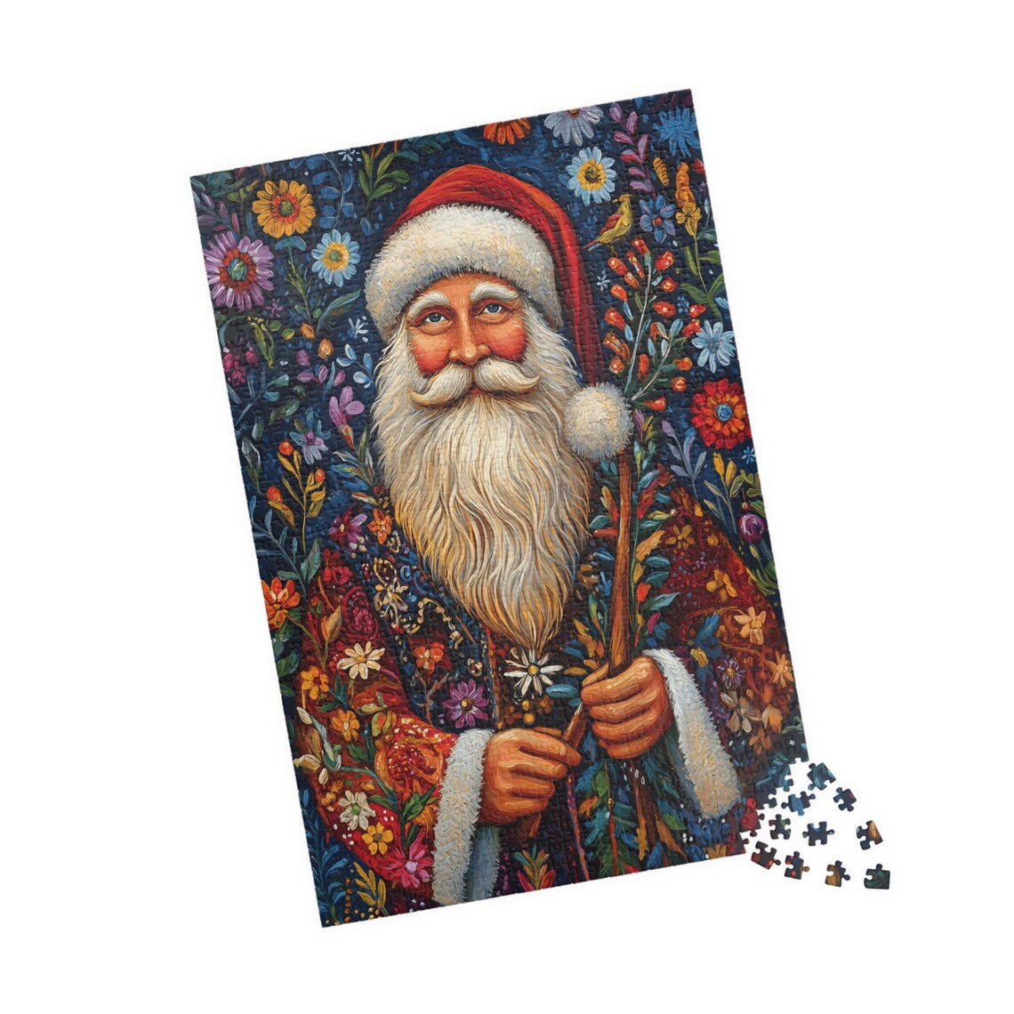 Santa Claus Portrait Folk Art Flowers Decorative Style Poster - Image 4