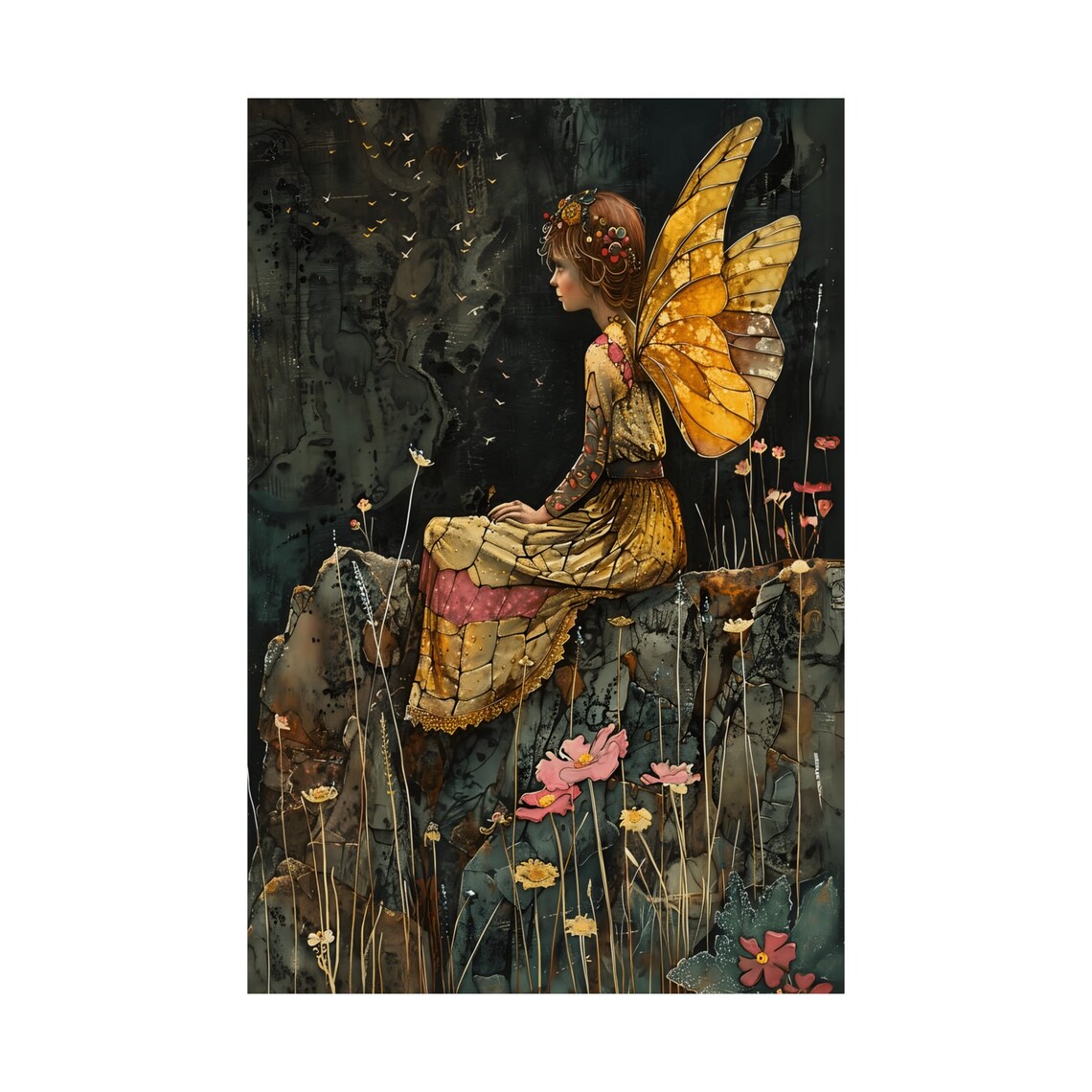 Moonlit Fairy with Golden Wings Among Wildflowers Watercolor Poster - Image 3