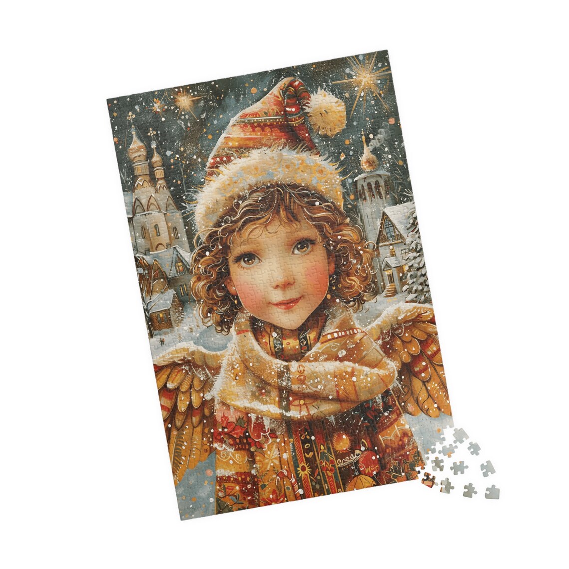 Winter Angel Child Curly Hair Knit Hat Golden Wings Snow Poster - Image 4