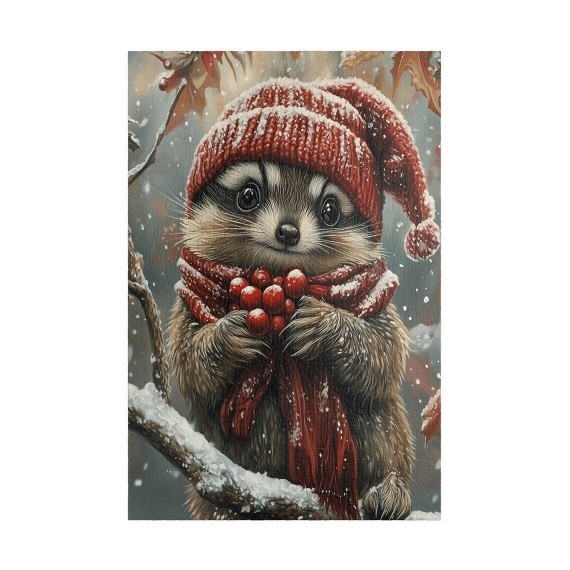 Baby Raccoon in a Red Knit Hat Holding Berries in the Snow Print - Image 3
