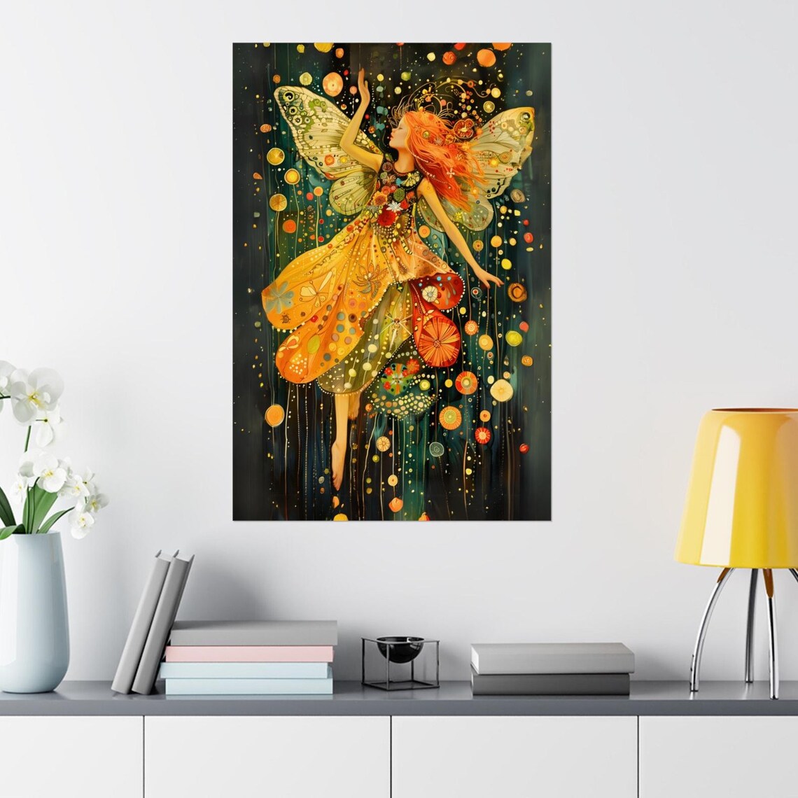 Dancing Red Haired Fairy Golden Wings Dark Forest Art Poster