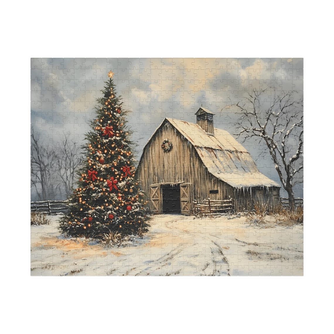 Rustic Barn With Lit Christmas Tree Red Bows Snowy Dusk Poster - Image 2