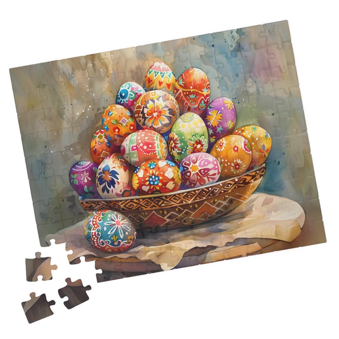 Rustic Bowl of Hand Painted Colorful Easter Eggs Watercolor Art Print