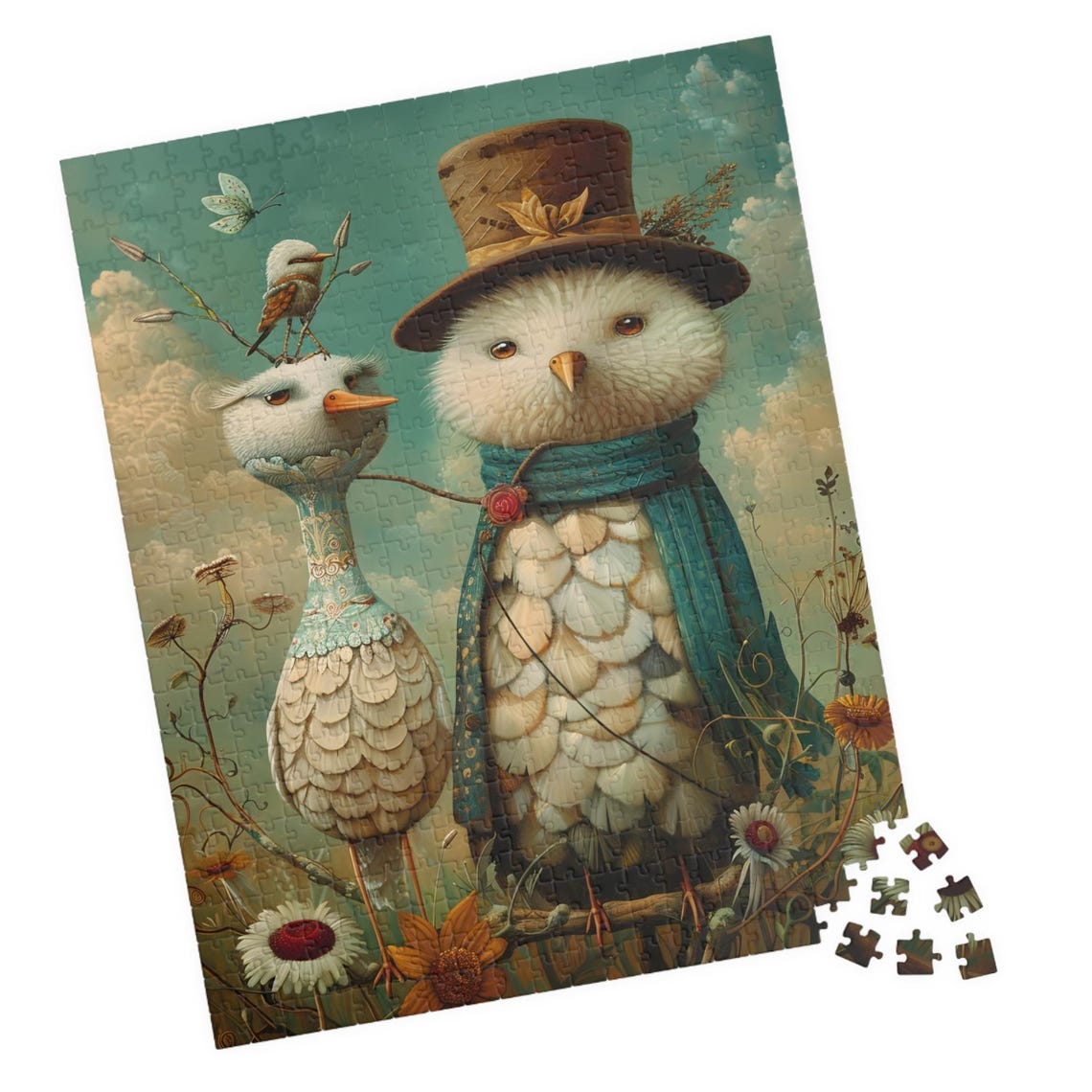 Two Fancy Dressed Whimsical Birds In Top Hat Portrait Art Poster