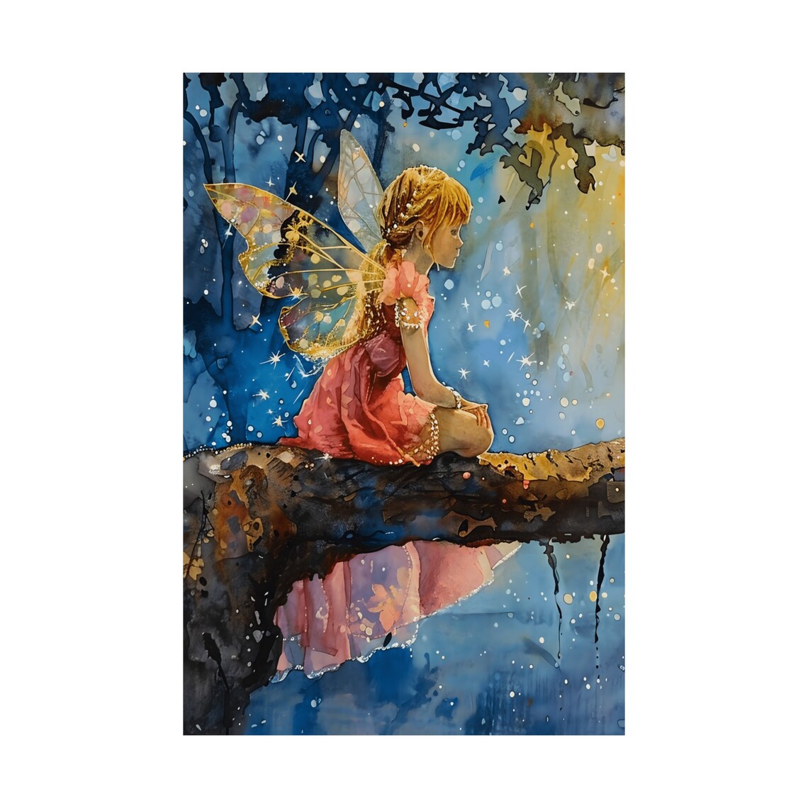 Blonde Fairy Girl Moonlit Rock Starry Water Night Watercolor Poster - Image 3