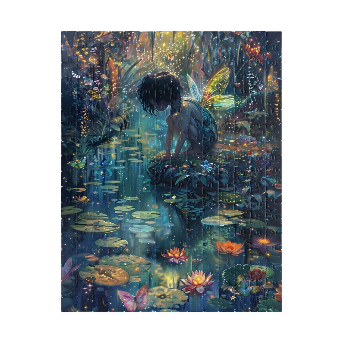 Crouching Fairy By Sparkling Lily Pond At Night Magic Art Poster - Image 2