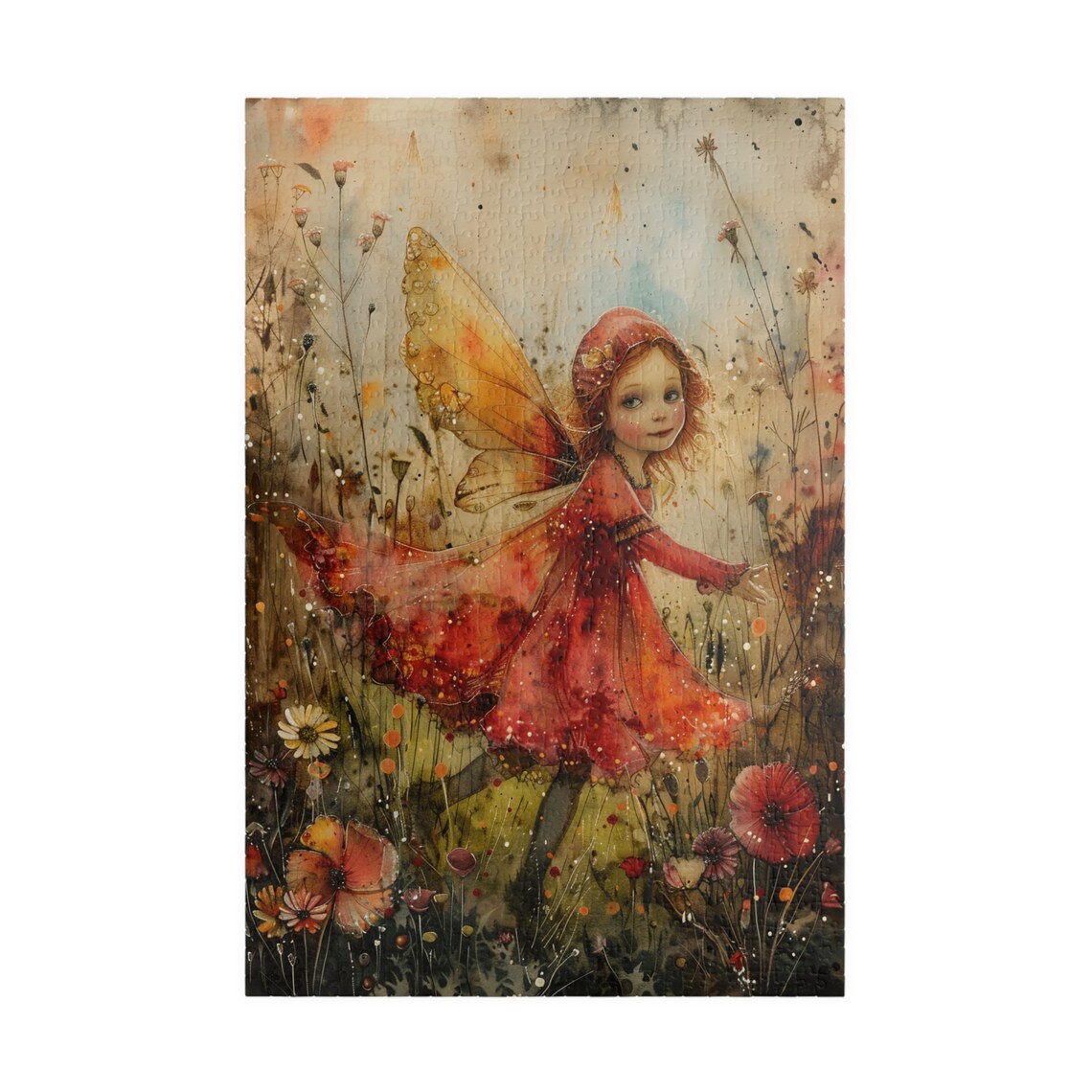 Watercolor Fairy Girl Red Dress Wildflower Meadow Art Poster - Image 3