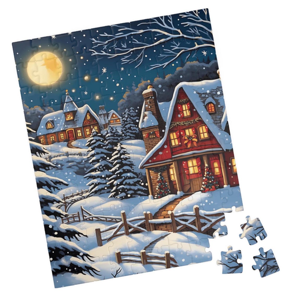 Moonlit Snow Covered Village with Glowing Red Cottage Night Poster