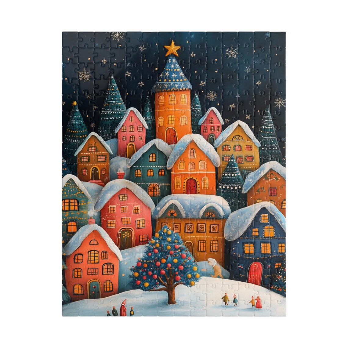Snowy Christmas Village Under Stars with Tree and Figures Art Print - Image 5