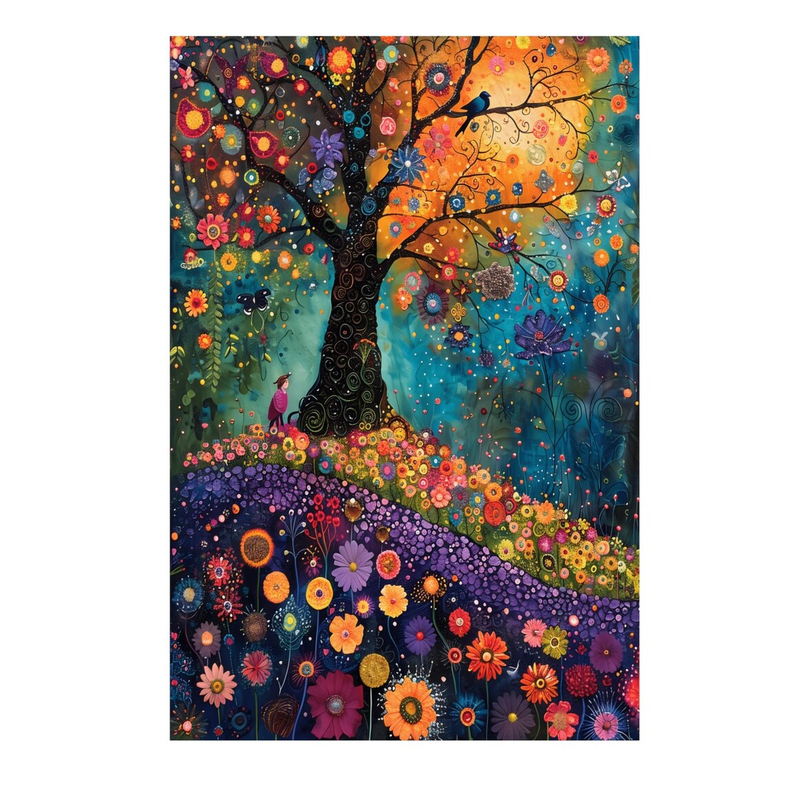 Colorful Tree of Life with Birds Over a Purple Meadow Poster - Image 3