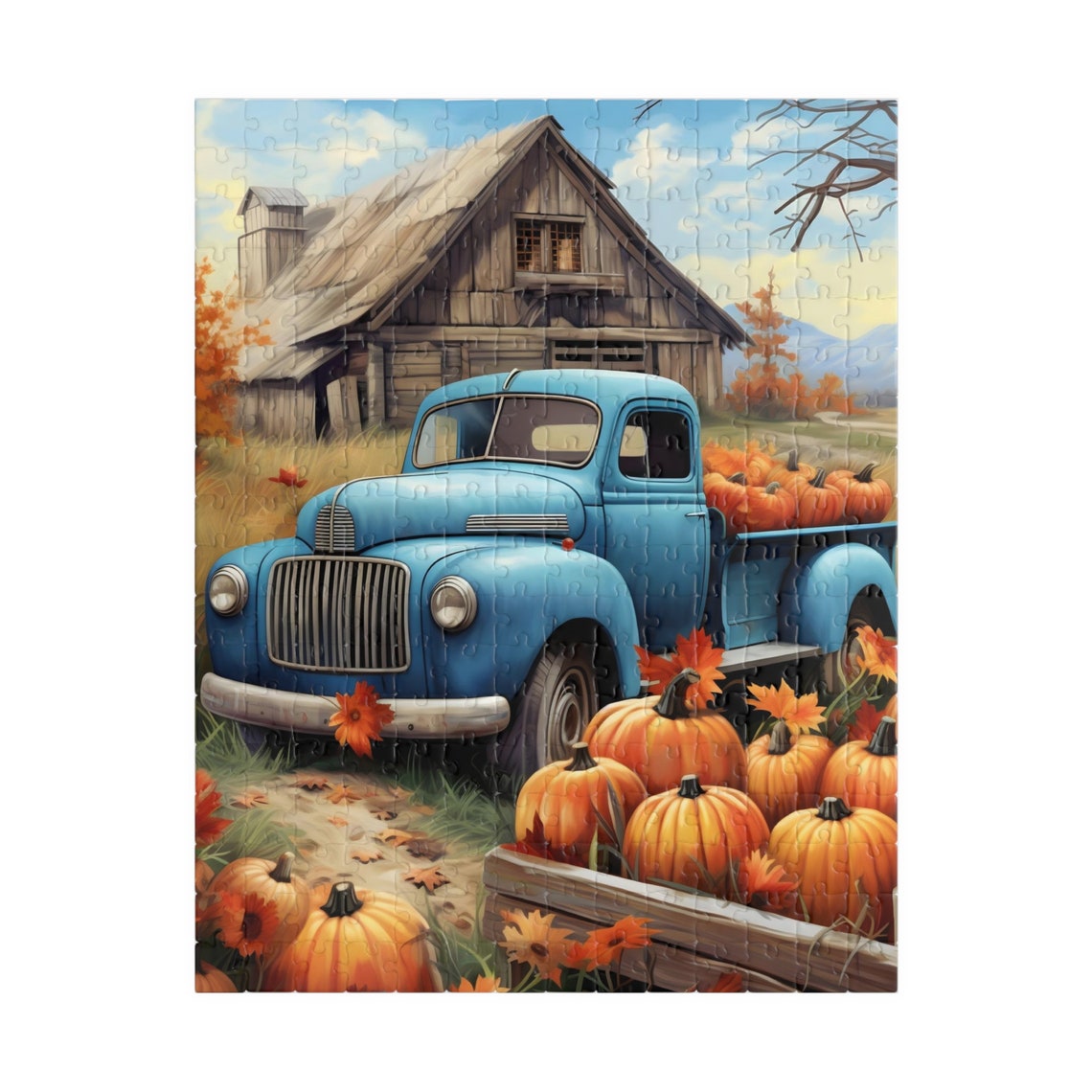 Vintage Blue Pickup Truck with Pumpkins at Rustic Barn Autumn Poster - Image 5