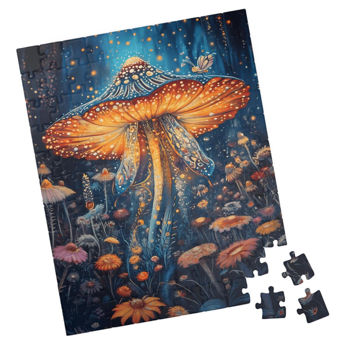 Glowing Mushroom in a Dark Forest with Fireflies Fantasy Art Poster