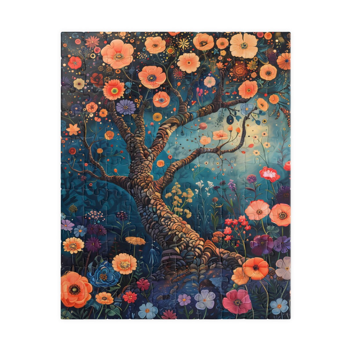 Vibrant Tree of Life Blooming Orange Flowers Night Sky Poster - Image 3