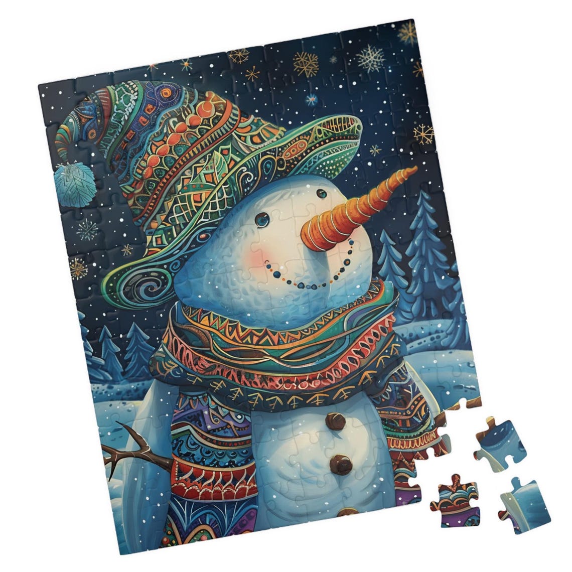 Whimsical Snowman in Ornate Winter Hat Under Starry Snowy Sky Poster