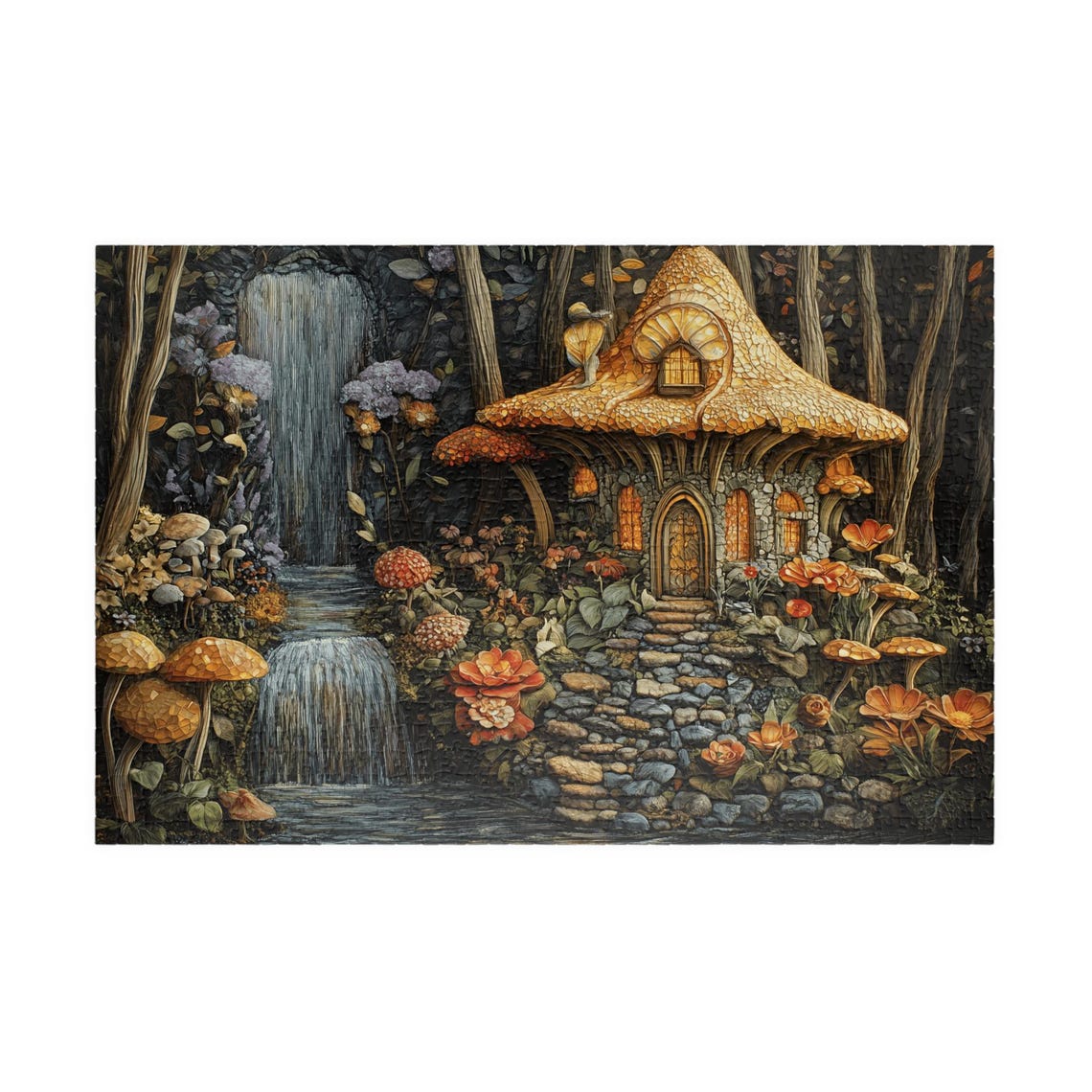 Spring Fairy Cottage with Waterfall in a Mushroom Forest Art Print - Image 3