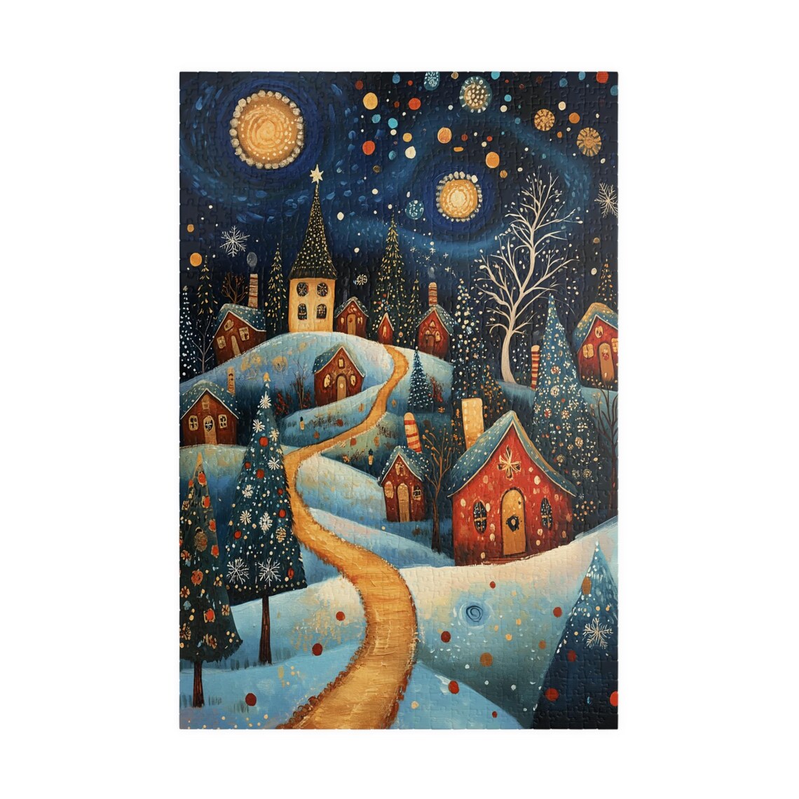 Whimsical Snowy Village at Night with Moon and Glowing Cottages Poster - Image 3