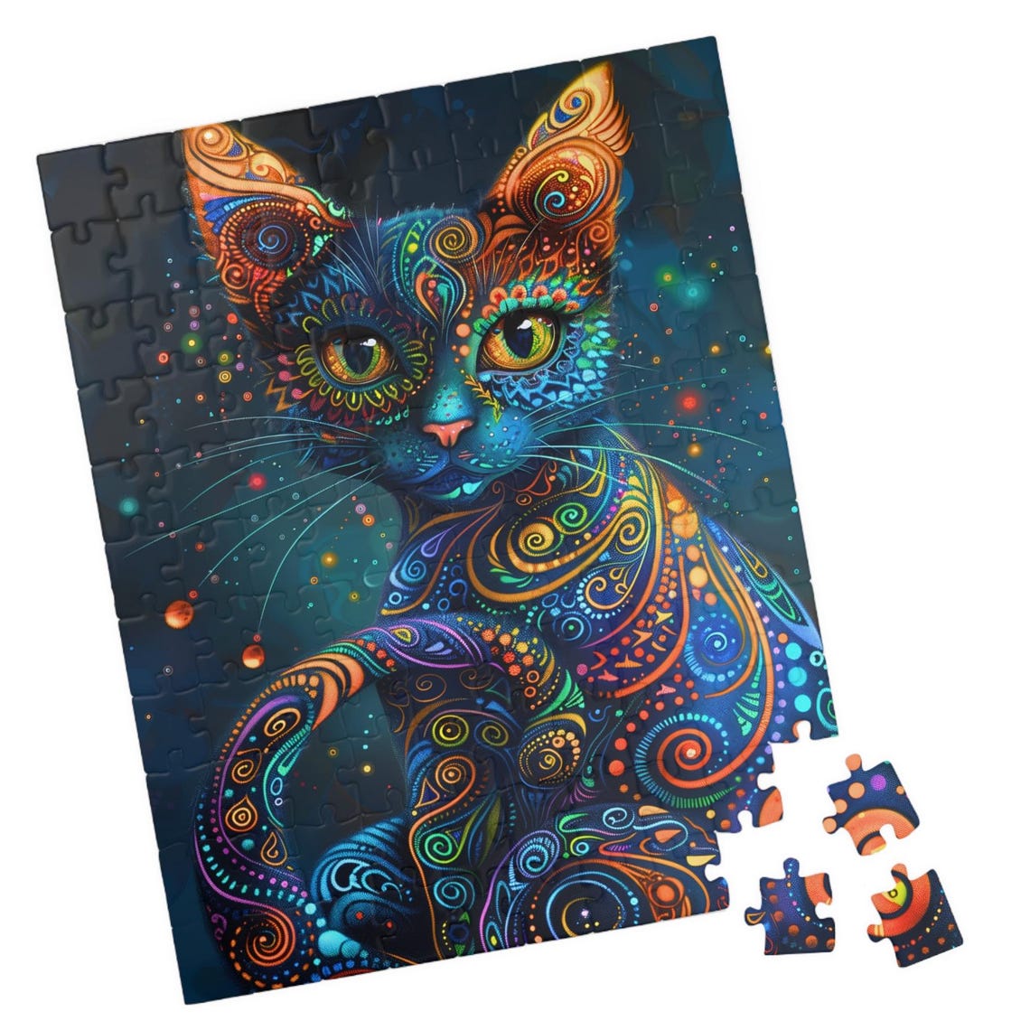 Psychedelic Blue Cat Swirling Pattern Golden Eyes Feline Poster